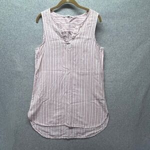 Beach Lunch Lounge Striped Sleeveless Tunic Top M Womens Pink White V Neck